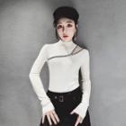 Mock-neck Lettering Cutout T-shirt