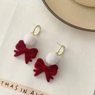 Flocking Bow Dangle Earring 1 Pair - S925 Silver Stud - Red & White - One Size