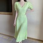Puff-sleeve V-neck Plaid Midi A-line Dress