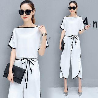 Set: Contrast Trim Top + Wide-leg Pants