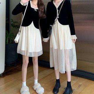 Mock Two-piece Long-sleeve Mesh Dress (various Designs)