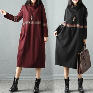 Long-sleeve Stand Collar Embroidered Midi Dress