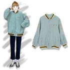 Letter Embroidered Corduroy Zip Jacket Mint Green - One Size