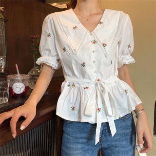 Embroidered Short Sleeve Top White - One Size