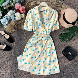 Pineapple Print Lapel Short-sleeve Dress White - One Size