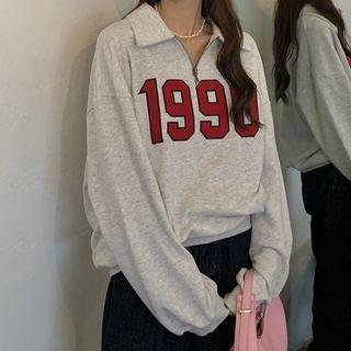Collared Lettering Long-sleeve Sweatshirt Gray - One Size