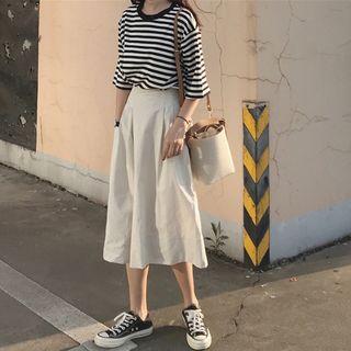 Set: Striped Elbow-sleeve T-shirt + Crop Wide Leg Pants