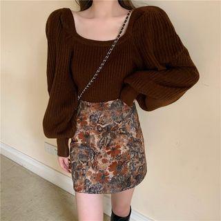 Lantern-sleeve Ribbed Sweater / Print Mini A-line Skirt
