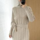 Turtleneck Tie-waist Cable Knit Midi Sweater Dress