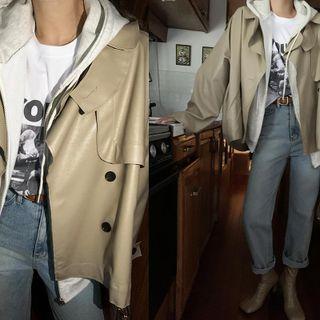 High-neck Epaulet Faux Leather Trench Jacket