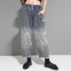 Drawstring Distressed Cropped Jeans Black - One Size