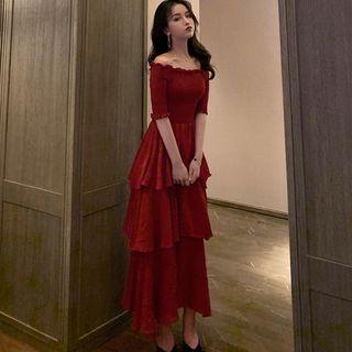 Off Shoulder Elbow-sleeve Tiered Maxi Dress