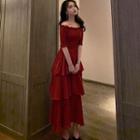 Off Shoulder Elbow-sleeve Tiered Maxi Dress