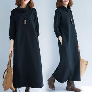 Plain High-neck Long-sleeve Dress