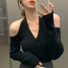 Off-shoulder V-neck Long-sleeve Sweater