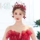 Set: Wedding Flower Headband + Fringed Earring 1 Piece - Headband & 1 Pair - Clip On Earrings - Red - One Size