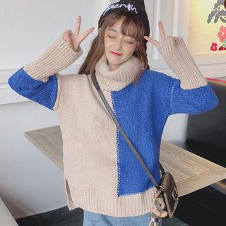 Two-tone Turtleneck Sweater Gray & Blue - One Size