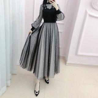 Long-sleeve Mesh Pleated Midi Dress