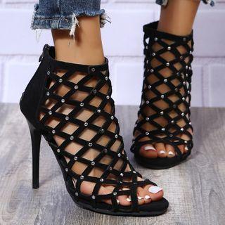 Peep-toe Studded Lattice Stiletto Sandals