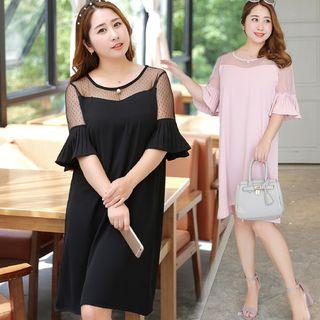 Elbow-sleeve Mesh Panel Shift Dress