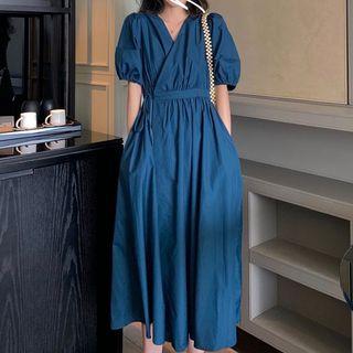 Elbow-sleeve Midi A-line Dress Peacock Blue - One Size