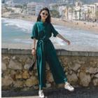Elbow-sleeve Collared Wide-leg Jumpsuit