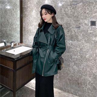 Faux-leather Loose-fit Jacket Green - One Size