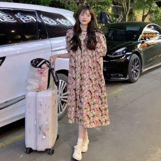 Puff-sleeve Flower Print Midi Shift Dress Pink Floral - Green & Black - One Size