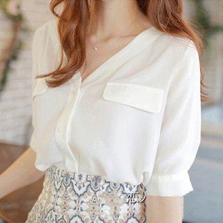 Chiffon V-neck Elbow-sleeve Blouse
