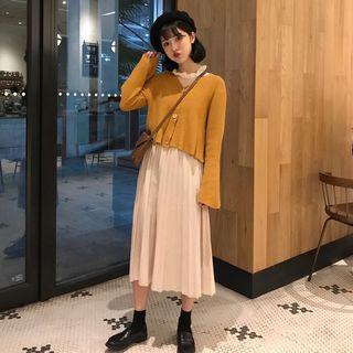 V-neck Cardigan / Ruffle Trim Long-sleeve Top / Midi Pleated Skirt