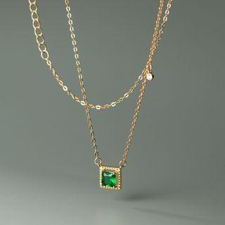 Square Rhinestone Pendant Sterling Silver Necklace 1 Pc - Gold & Green - One Size