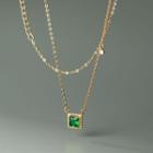 Square Rhinestone Pendant Sterling Silver Necklace 1 Pc - Gold & Green - One Size