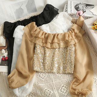 Boatneck Ruffled Sequined Crop Top
