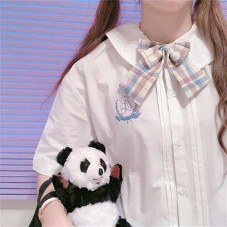 Bear Embroidered Bow-front Short-sleeve Blouse White - One Size