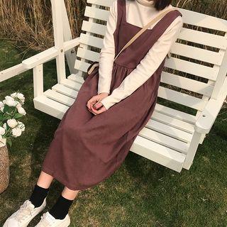 Plain Midi A-line Pinafore Dress Camel - One Size