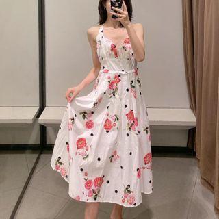 Flower Print Cross-back Sleeveless Midi A-line Dress