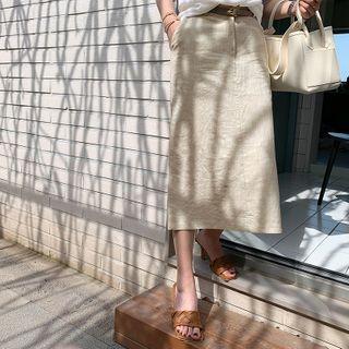 Zip-fly Linen Long Skirt Beige - One Size