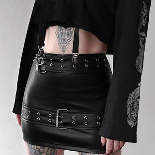 Buckled Faux Leather Mini Pencil Skirt