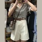 Short-sleeve Striped Top / High Waist Wide Leg Shorts