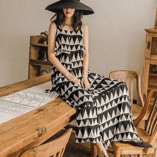 Sleeveless Geometric Print Maxi Tiered Dress