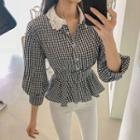 Lace-collar Gingham Peplum Blouse Black - One Size