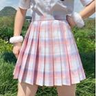 Plaid Mini Pleated Skirt / Short-sleeve Shirt / Bow Tie / Set