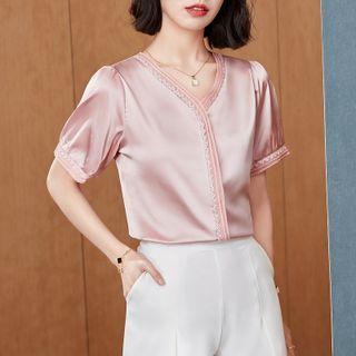 Short Sleeve V-neck Lace Trim Blouse