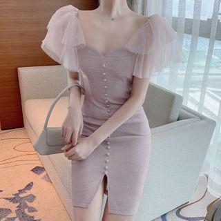 Puff-sleeve Buttoned Bodycon Dress