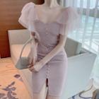 Puff-sleeve Buttoned Bodycon Dress