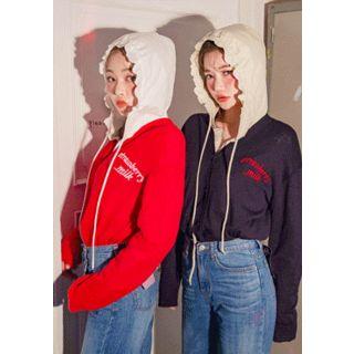 Flap-pocket Scallop-edge Hoodie Light Beige - One Size