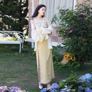 Set: Wide Strap Floral Print Midi A-line Dress + Midi A-line Skirt + Puff-sleeve Jacket