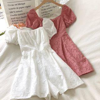 Plain Cutout Puff-sleeve Playsuit