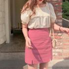 Short-sleeve Lace Trim Blouse / Mini Straight-fit Skirt