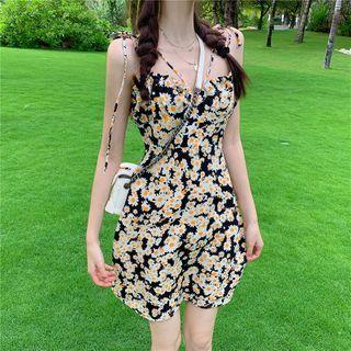 Short-sleeve Cardigan / Flower Print Spaghetti Strap Mini A-line Dress